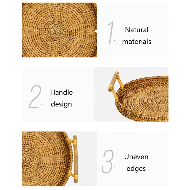 

Household Rattan Tray Bread Fruit Snack Plate Portable Picnic Basket Desktop Woven Storage Basket Afternoon Tea Serving Tray
