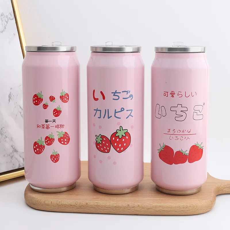 

Cute Strawberry Insulated Water Bottle Stainless Steel Thermos Portable Wide Mouth Can Cup Travel Bottle 500ml