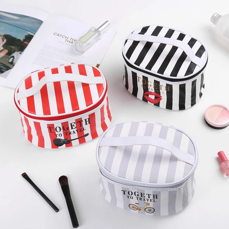 Женская сумка для макияжа полосатая дорожная косметичка чехол с зеркальными