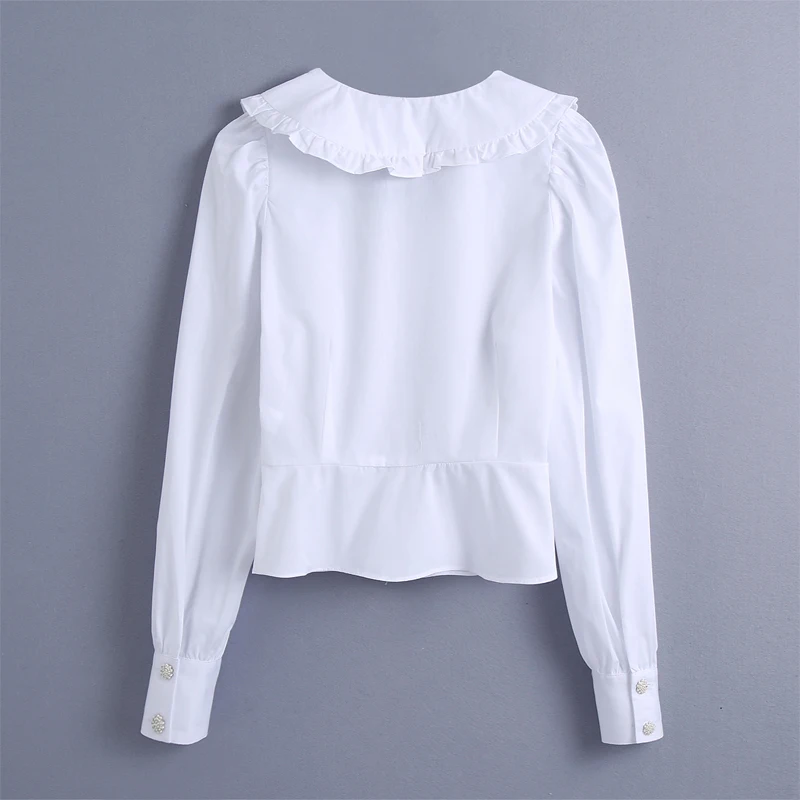 

Summer women's casual solid color V-neck long-sleeved ruffled decorative shirt