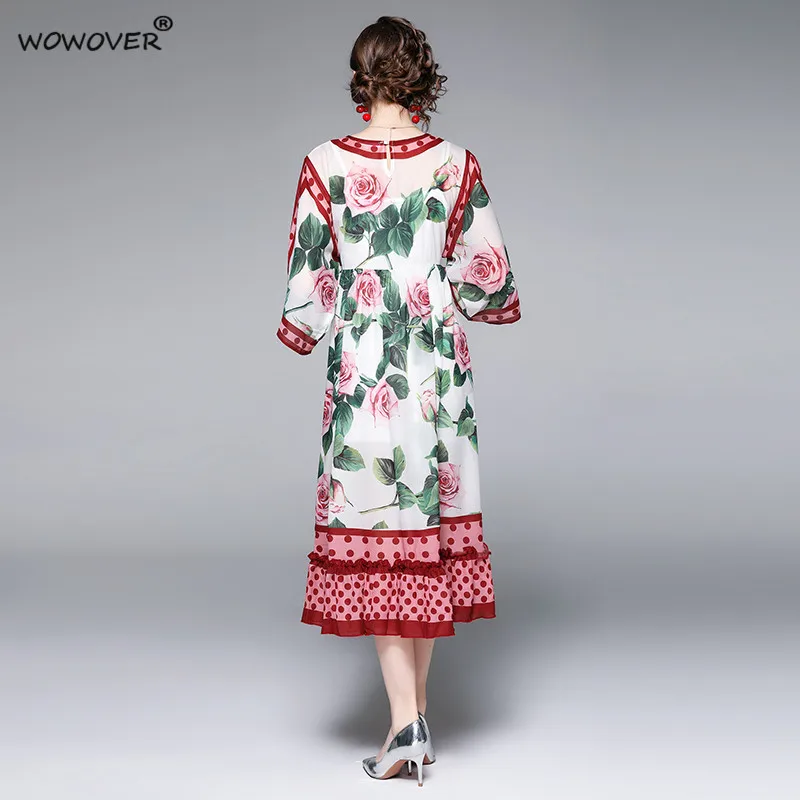 

Runway Fashion Floral Print Chiffon Asymmetrical Midi Party Holiday Dresses for Women 2021 Casual Loose Bohemian Beach Vestidos