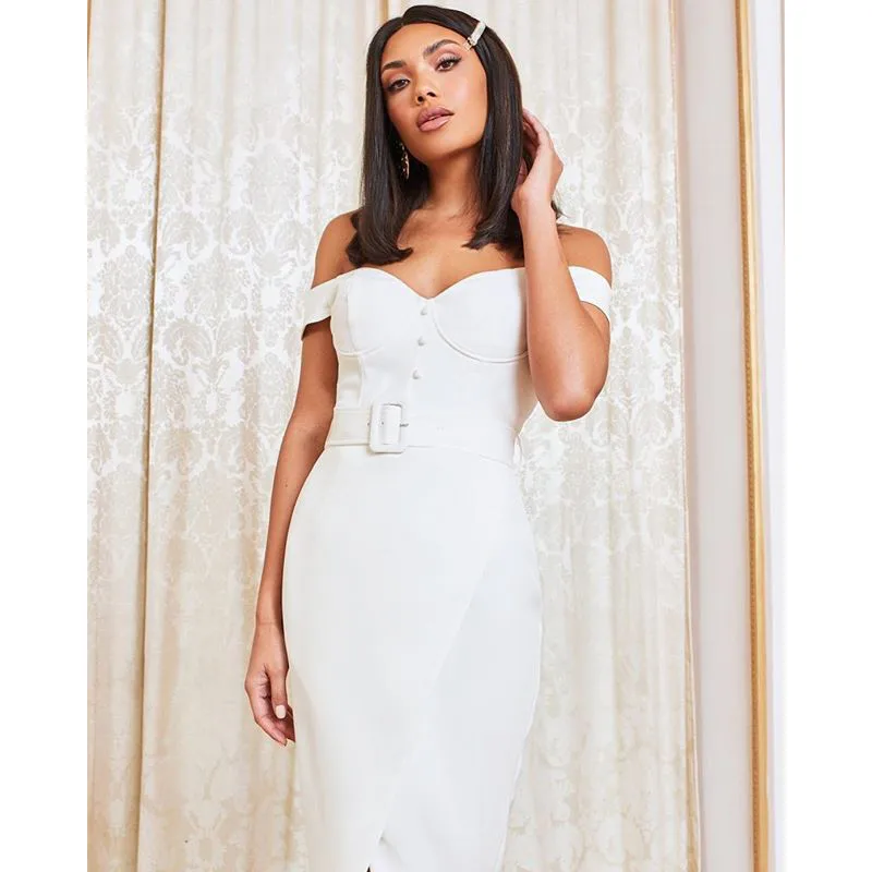 

Moonccloset New Arrival White Bandage Dress Wholesale Elegant Off Shoulder V Neck Midi Woman Bodycon Dress Celebrity Party Dress