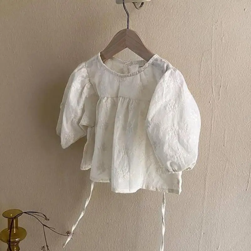 

2022 Spring Autumn Newborn Baby Girls Lace Flower Doll Shirt Infant Kids Fashion Long Sleeve Embroidery Princess Cotton Pullover
