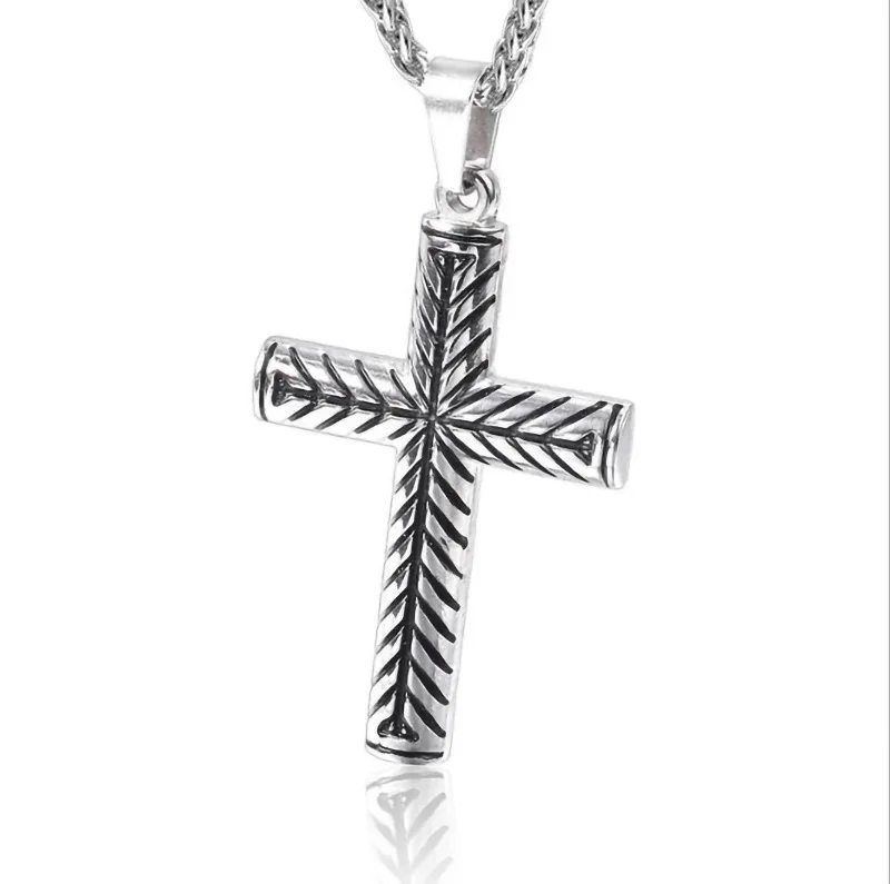 

European And American Fashion Temperament New Listed Double-sided Striped Cross Stainless Steel Necklace