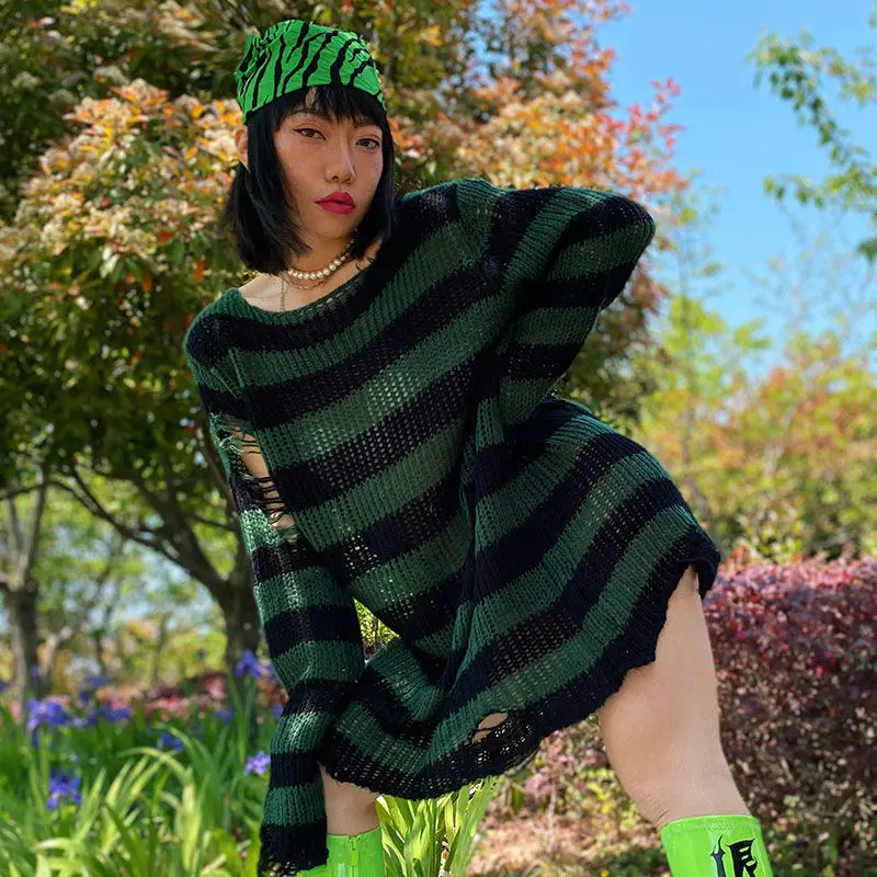 

Plus Size Punk Gothic Long Unisex Sweater Casual Striped Cool Hollow Out Hole Broken Jumper Loose Rock Thin Sweaters Nice Autumn