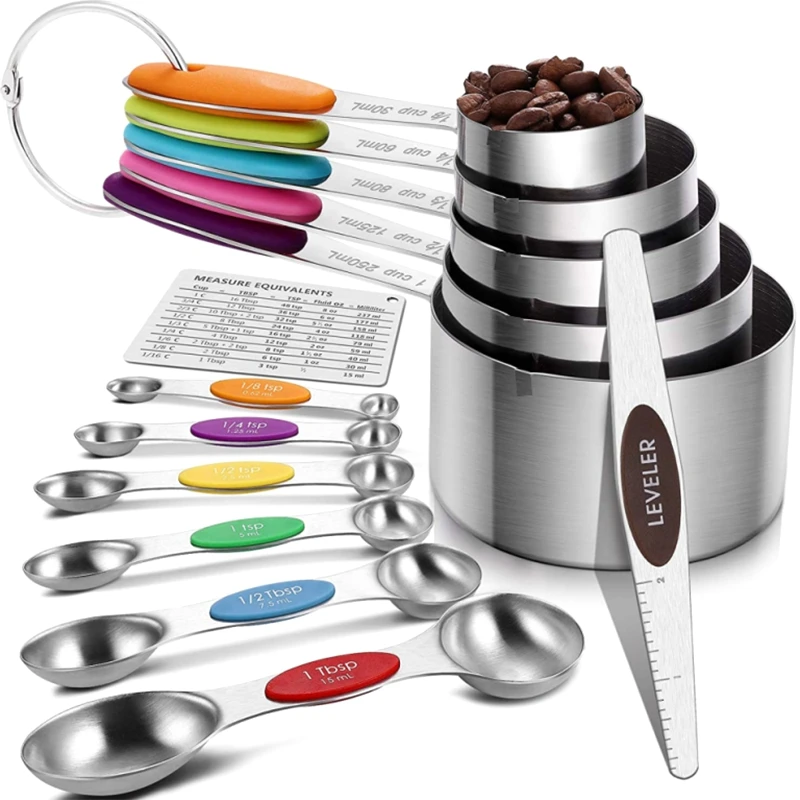 

Spoons and Cups Set 13 Piece,Stainless Steel-5 Double Mouth Measuring Cups and 6 Double Head Spoons with Magnetic