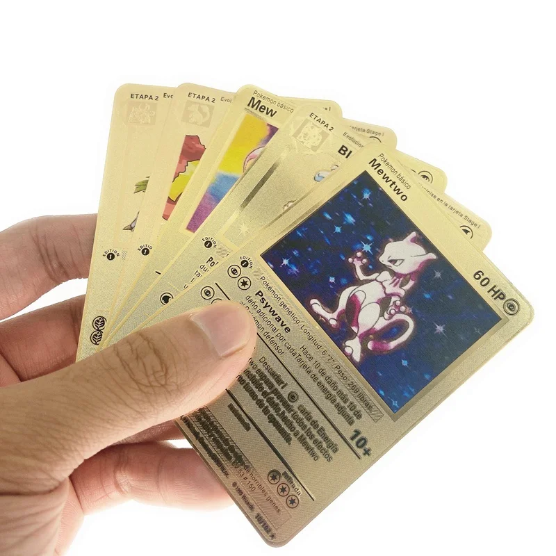 Juego de cartas de Pok&eacute;mon en espa&ntilde;ol, set de 5 unids/set de cartas de edici&oacute;n limitada de Pikachu Charizard de Metal dorado, colecci&oacute;n de tarjetas de juego de regalo-2