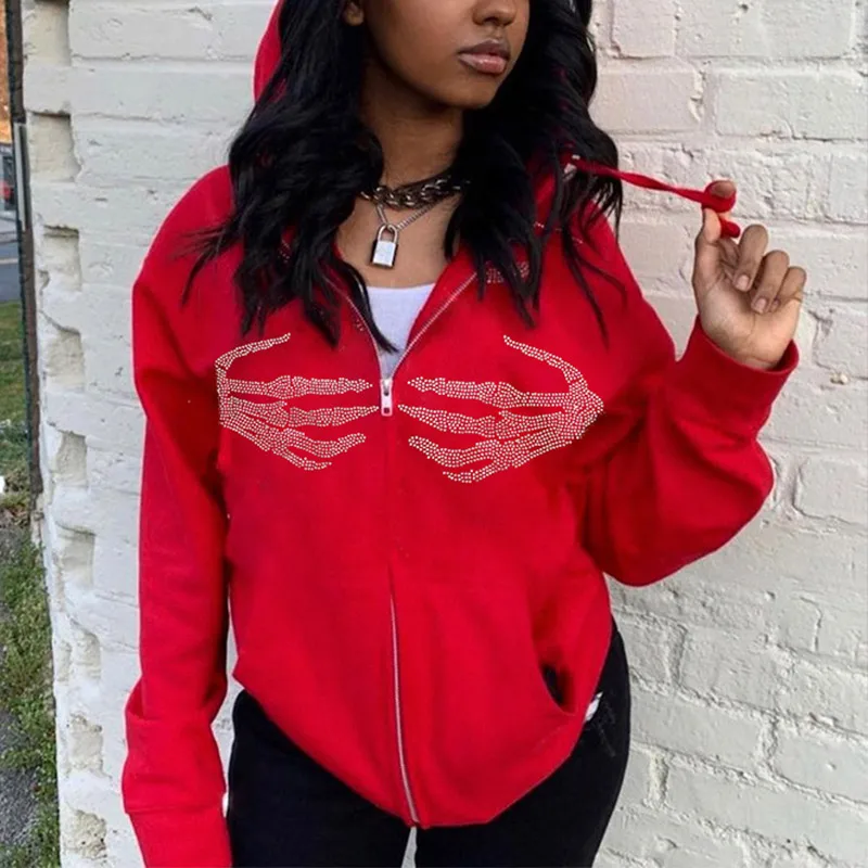 

Goth Skeleton Hand Print Autumn Winter Hoodies Women Zipper Up Harajuku Sweatshirt Gothic Clothes Loose Jacket Coat Hooded