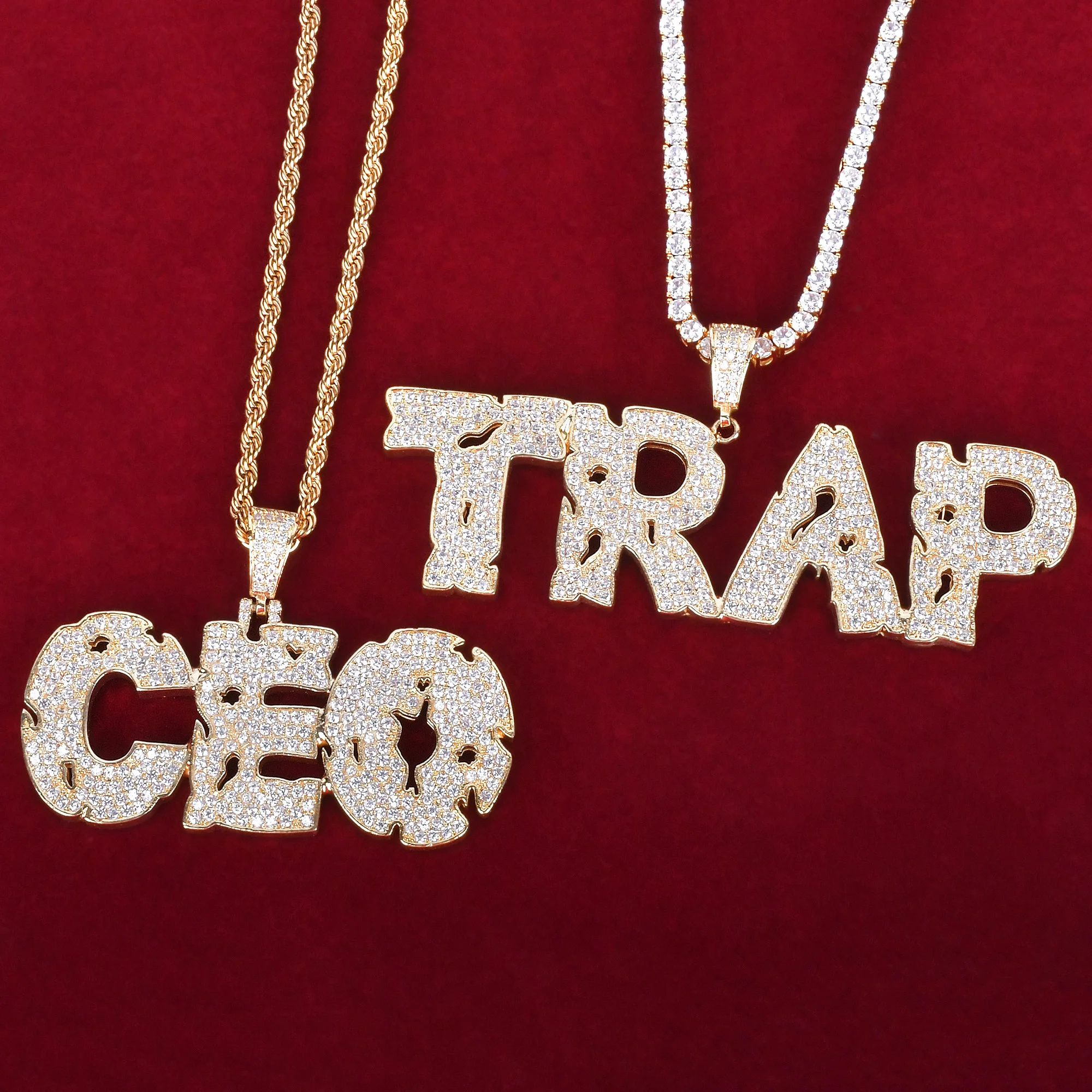 

Custom Name Copper coins hollow Letters Hip Hop Pendant Chain Gold Color Bling Zirconia Men's Hip Hop Pendant Jewelry