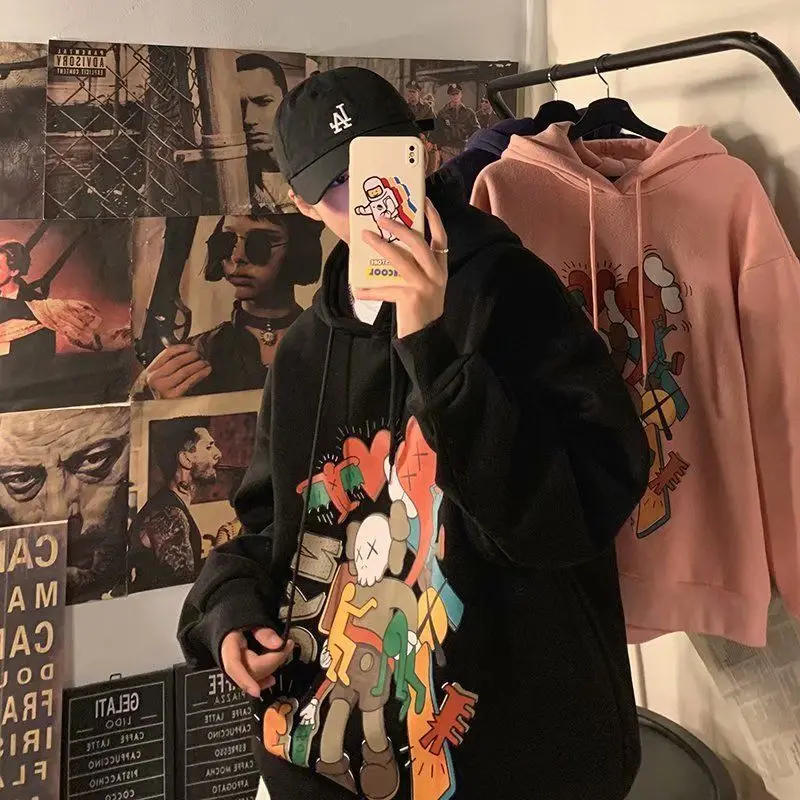 Осенняя свободная плюшевая толстовка мужская мода Улица Сезам Студенческая