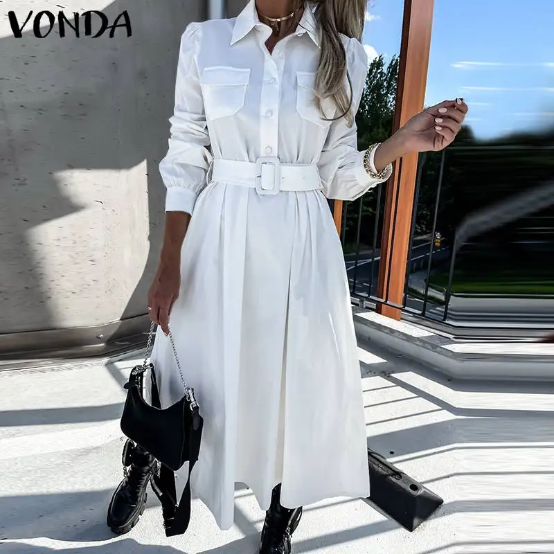 

2022 осеннее платье-рубашка VONDA, женские модные однотонные длинные платья с лацканами, свободные вечерние платья с длинным рукавом и пуговица...