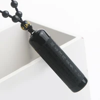 natural black obsidian pendant 61x17mm chinese painting calligraphy buddhism barrel shape 6mm beads necklaces aaaaa