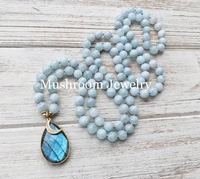 good quality yoga stone beaded necklace with pave zicro moon charmaquamarine beads labradorite charm pendant necklace