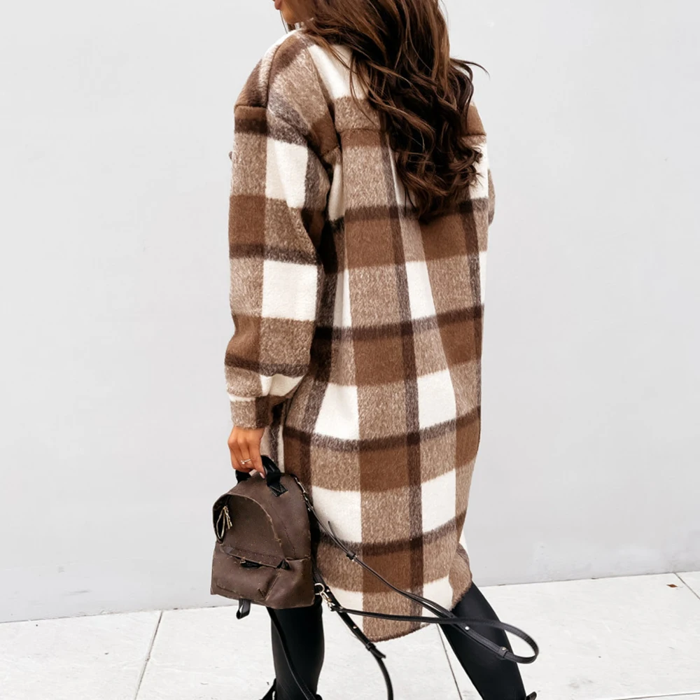 

Autumn Winter Women Long-Sleeved Plaid Printed Shirt Jacket Fashion Loose Turn Down Collar Single-Breasted Long Shirt Coat Femme