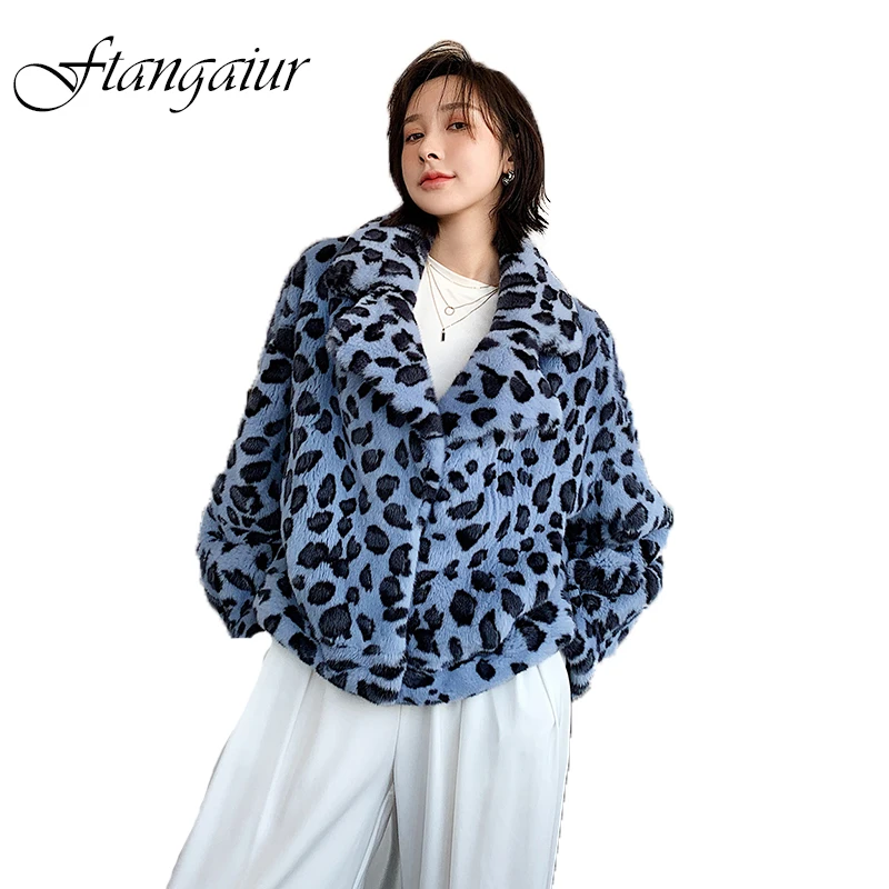 

Ftangaiur New Winter Import Velvet Mink Coat Retro Turn-Down Collar Leopard Slim Coat Women Short Real Natural Mink Fur Coats