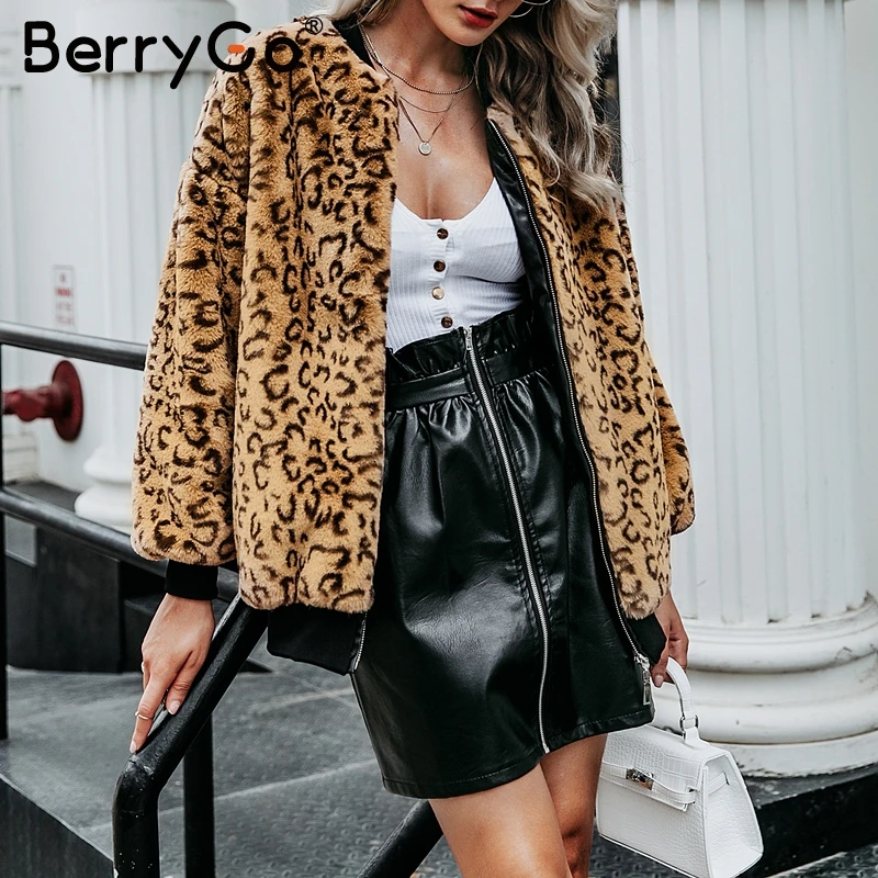 BerryGo повседневное леопардовое пальто с искусственным мехом Женская Осенняя