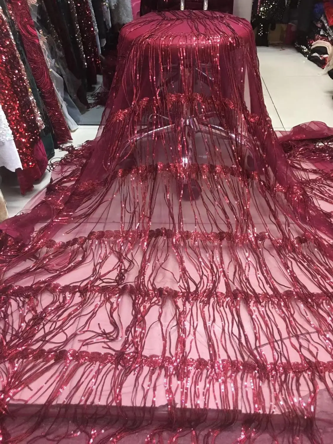 

newcoming african long tassels design 5yards african net tulle lace fabric for women party dress sewing QC9231