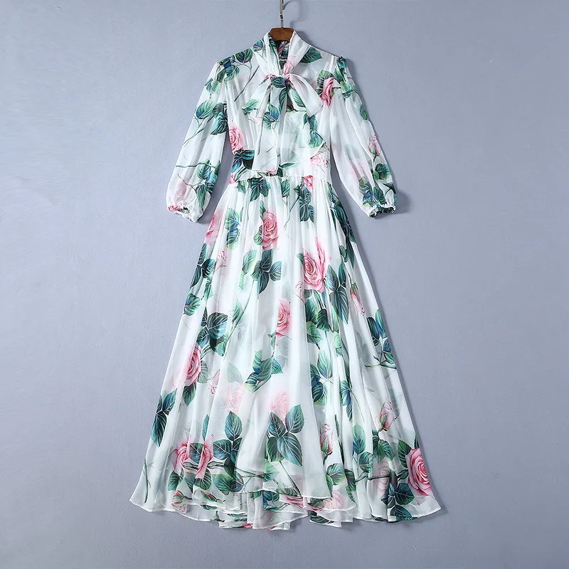 European and American women's dress 2020 summer new styles  Bow neck rose print seven - cent sleeve  Fashionable dress