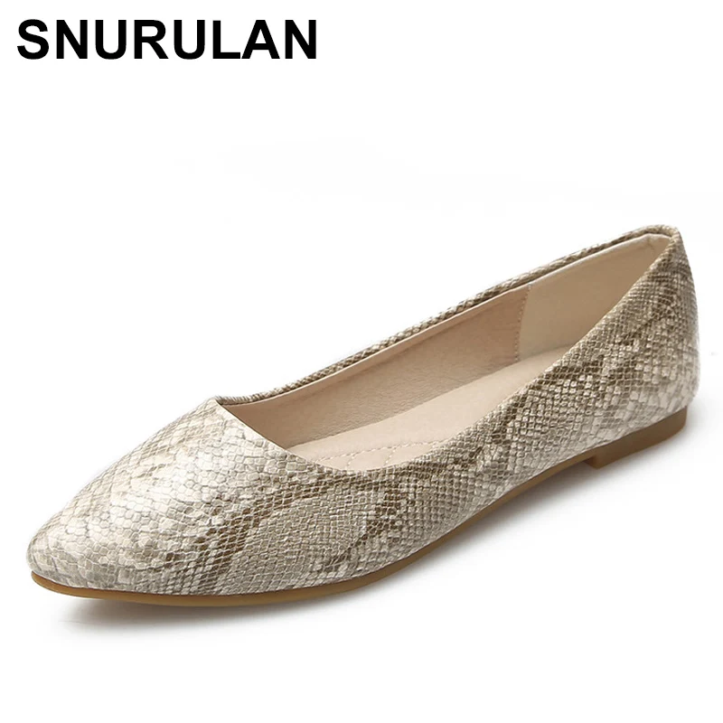 

SNURULAN Women pointed toe flat shoes snakeskin ballerinas ladies casual lace-up shoes comfort moccasins summer big size Zapatos