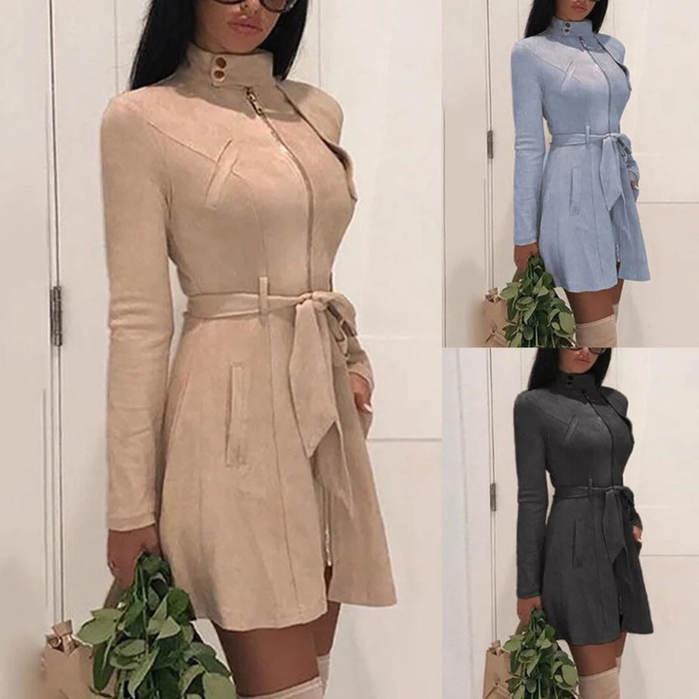 

Women Dress Solid Color Casual Zipper Slim Long Sleeve Tops Outwear Dress Women's Clothing Street wear vestido de mujer