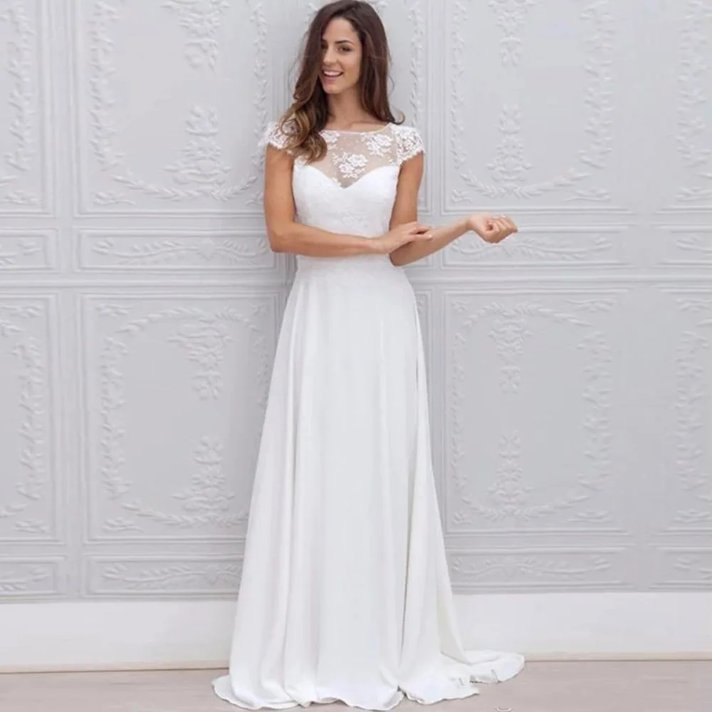 

Short Sleeve A Line Wedding Dress Transparent Chiffon Backless Scoop Modern Lace Bridal Gowns Custom Made Appliques Lace