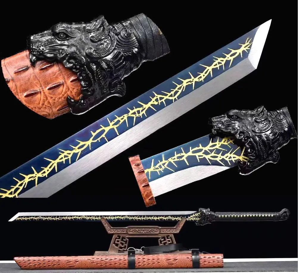 

Handmade 46" Battle Chinese Kung Fu Sword Saber Sharp Blue Spring Steel Blade Wushu Long Dao Full Tang