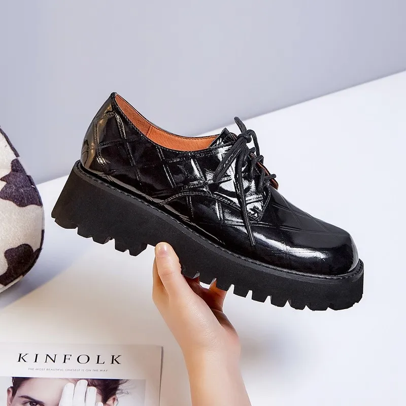 

British Style Student Flat Platform Casual Shoes Spring Autumn Women Genuine Leather Cross-tied 5cm Height Flats Oxfords Female