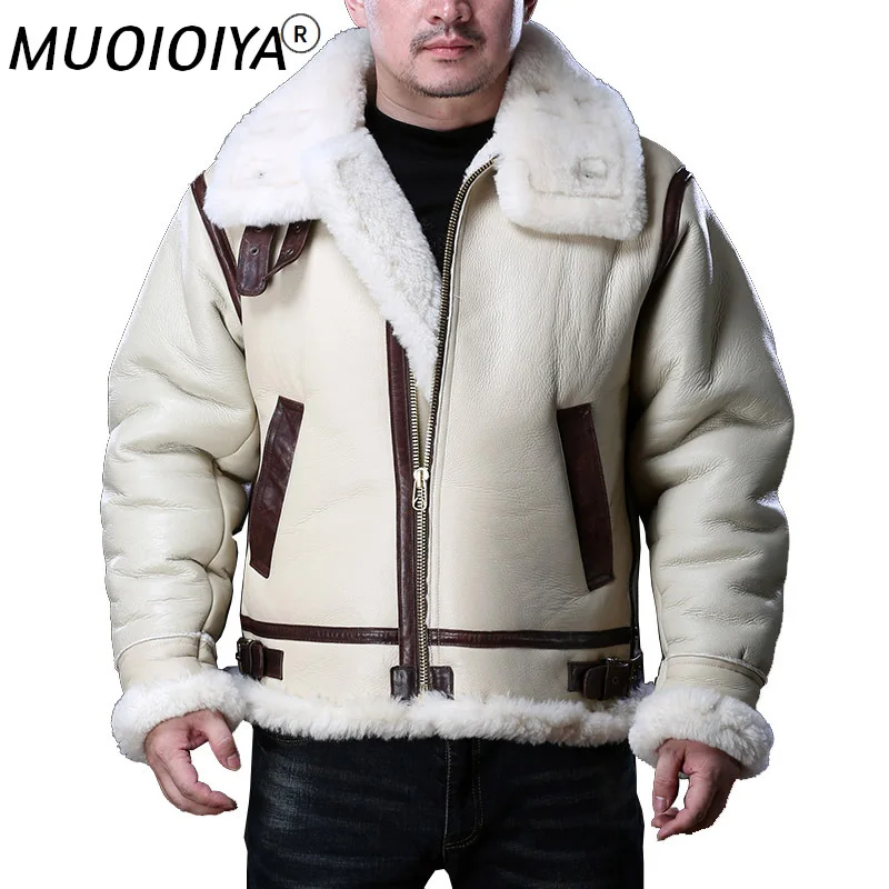 

MUOIOYIA Men's Sheepskin Leather Jacket Men Clothing Real Sheep Shearing Winter Jackets White Wool Fur Coat Hommes Veste LXR910