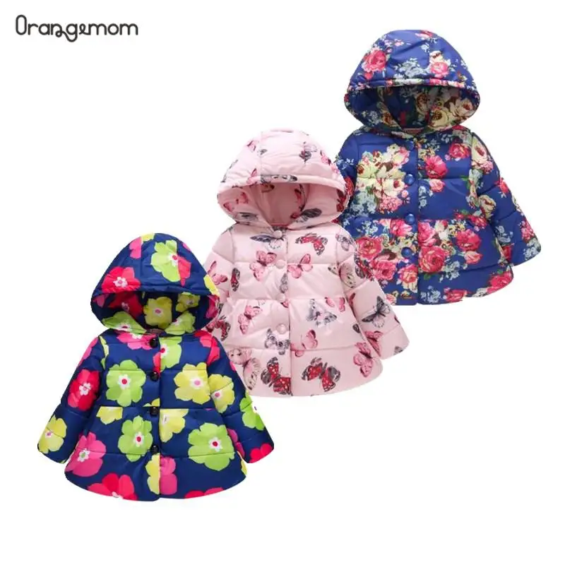 

New Fashion 2021 Winter Snowsuits Girls Hooded Printing Fashion Cotton Children's Buttons Cute Cotton Jacket For Girl Winter