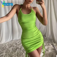 yiciya 2020 summer dress women metal chain halter backless ruched bodycon mini dress sexy club dresses met womens clothing y2k