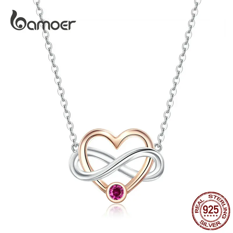 bamoer Infinity Love Silver Necklaces for Women Rose Gold Color Biocolor Heart Short Necklace Gifts for Girlfriend BSN071