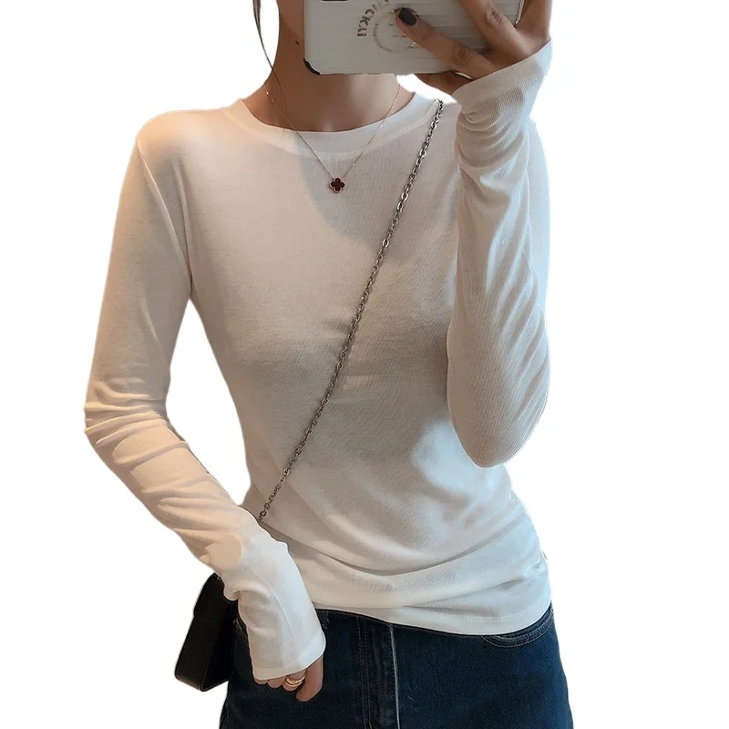 

2021 New style cotton long-sleeved T-shirt women's slimming bottoming top lady round-neck soft skind-friend breathable pullover