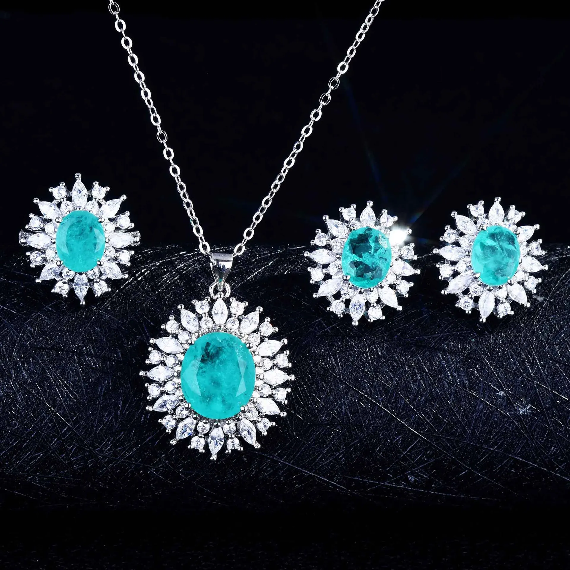 

New Luxury Palaiba Suit Blue Necklace a Pair of Earrings Opening Rings (4 Pcs)