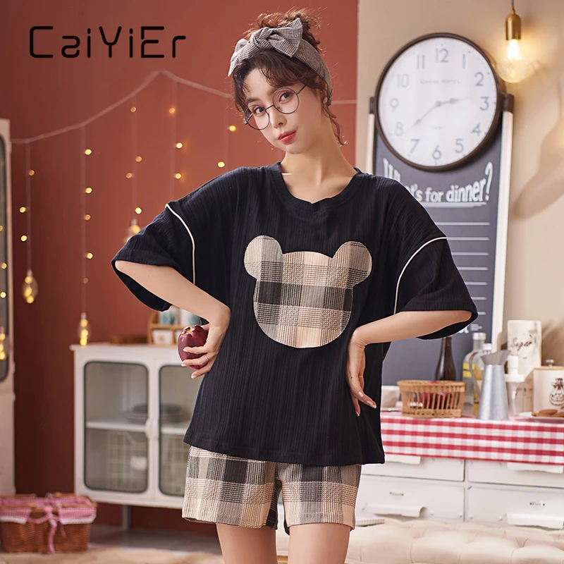 CAIYIER Summer Women Pajamas Set Cute Cartoon Print Sleepwear Short Sleeve Shorts Girl Nightwear Homewear Leisure Sexy Hot Pants