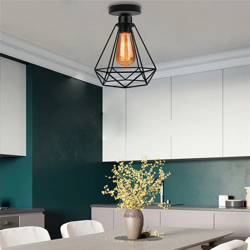 Потолочный светильник Semi Flush Mount Ceiling Light E27 Retro Black Industrial Lamp Holder Diamond Shape for Porch Hallway Kitchen Stairway.