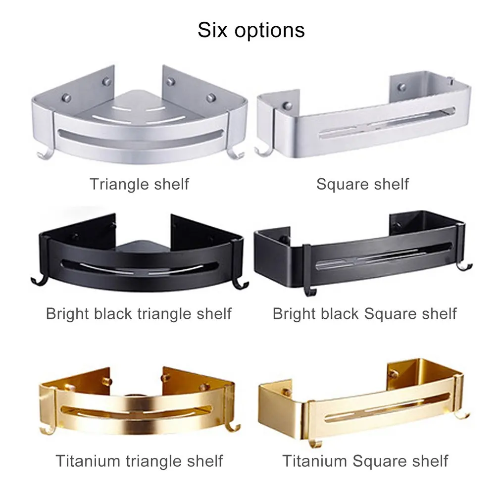 Punching Free Bathroom Rack Space Aluminum Single Deck Triangle Square Basket Shelf Shampoo Storage Organizer with hooks |