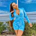 Женский комбинезон с принтом тай-дай, с длинным рукавом, на молнии, с глубоким V-образным вырезом, байкерские шорты, спортивный комбинезон с рюшами, женский комбинезон