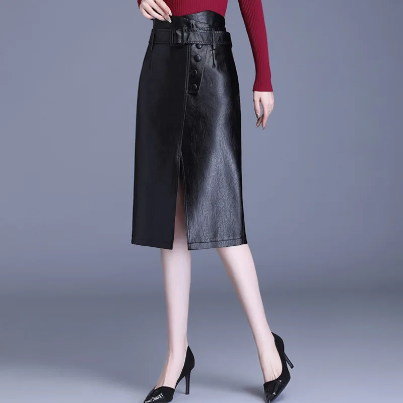 

Женская юбка из искусственной кожи, новинка 2020, осенне-зимняя однотонная Черная Юбка-миди с разрезом и высокой талией, элегантная офисная юб...