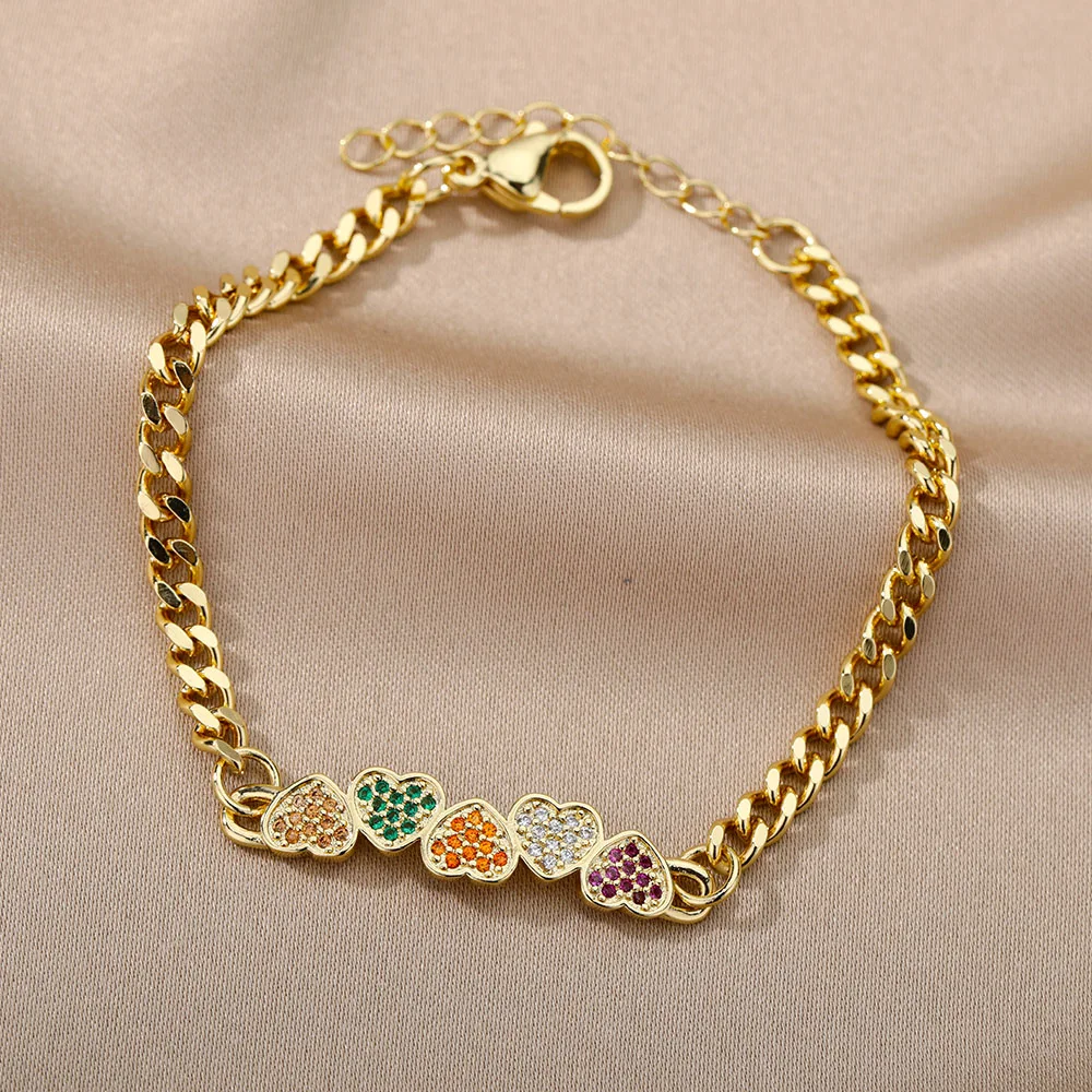 Цветной зирконий Браслет с звездой и луной для женщин Радужный браслет для мамы из кубинской цепочки. Винтажные украшения в подарок.