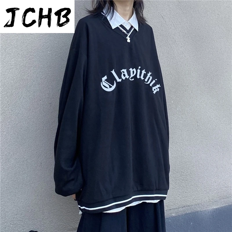 

2021 Gothic Clothes Plus Size Hoodies Women Goth Hoodie Korean Harajuku V-neck Pullover Sweatshirt Loose Student Long-sleeved Ja