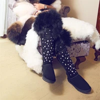 winter black genuine leather cowhide over the knee boots real fox fur rhinestone crystal snow boots women warm cotton shoes