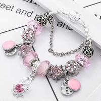 simple style pink silver plated diy snowflake with crystal swan pendant lady bracelet panjia charm pink valentines day gift