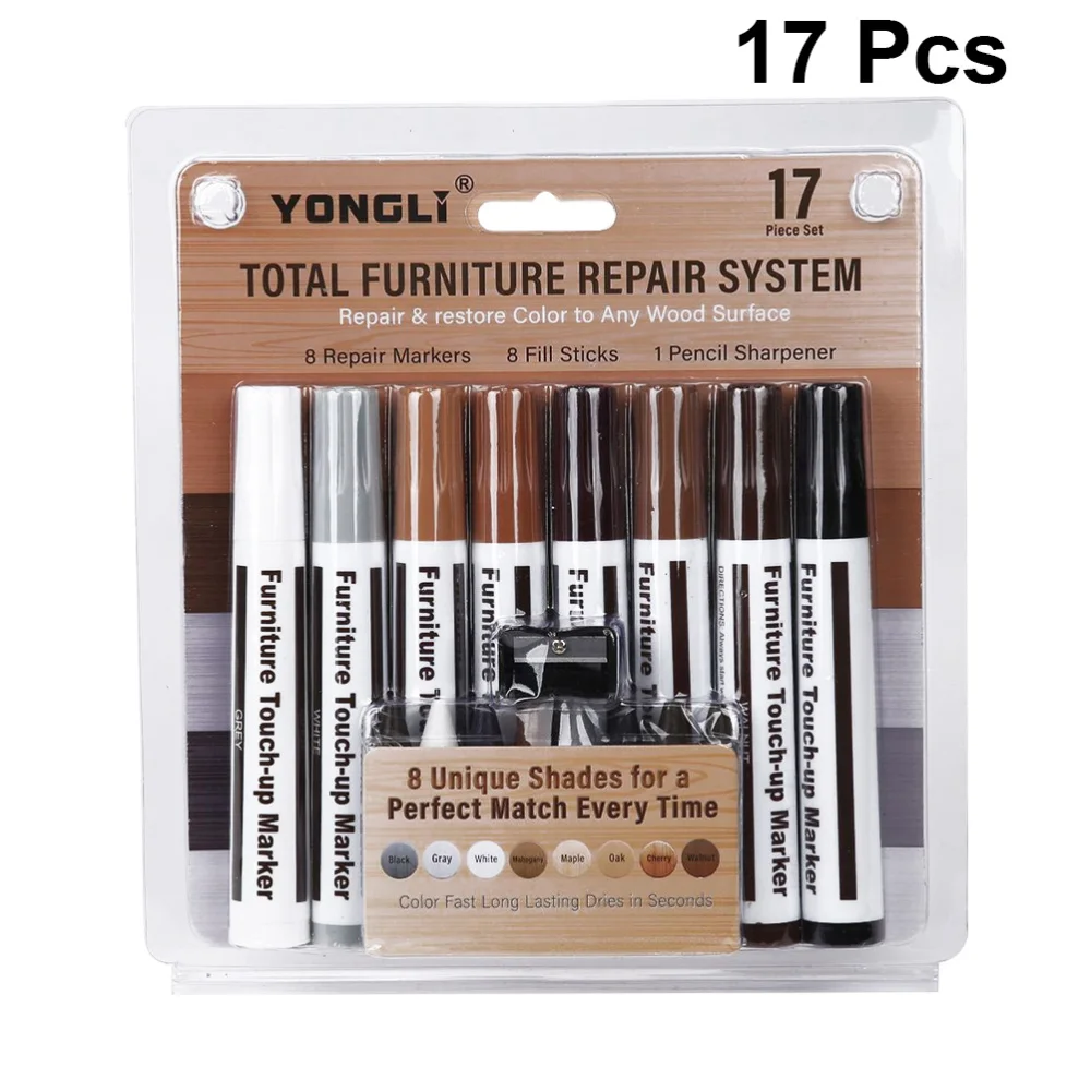 

17PCs Wooden Furniture Scratching Repair Touch Paint Pens Crayons Worn Blemish Concealing Tool Set (8 Floor Pen + 8 Crayon +