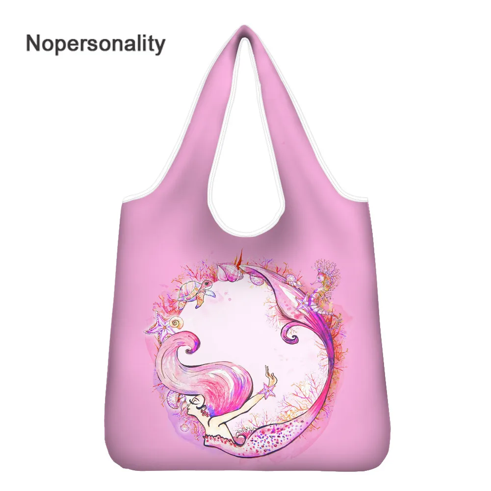 

Nopersonality Mermaid Printed Large Capacity Shopping Bags Eco Friendly Folding Grocery Bag Foldable Travel Shoulder Handbags