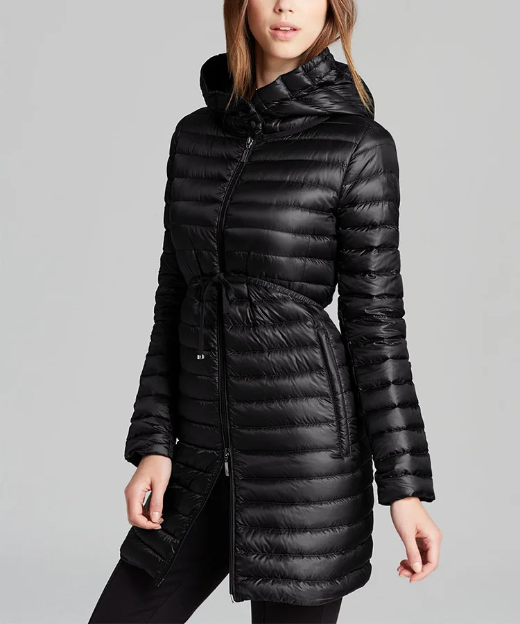 Новинка зимняя пуховая куртка средней длины с капюшоном легкий пуховик и поясом