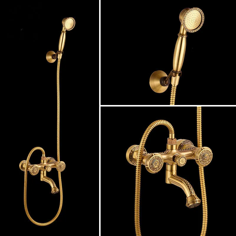 

Bath Bathtub Faucets Set Hot & Cold Mixer Taps Antique Brass Carved Dual Handle Bathtub Faucet With Handheld Shower Wall Mounted