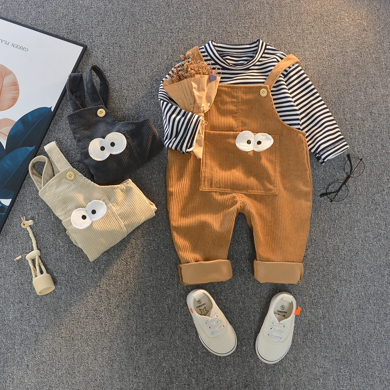 

Casual Cotton O-Neck Striped Eyes Suspender Trousers Two Piece Set Spring Baby Boy Clothes Set Kids Ribbed Set Kids Clothes Boys