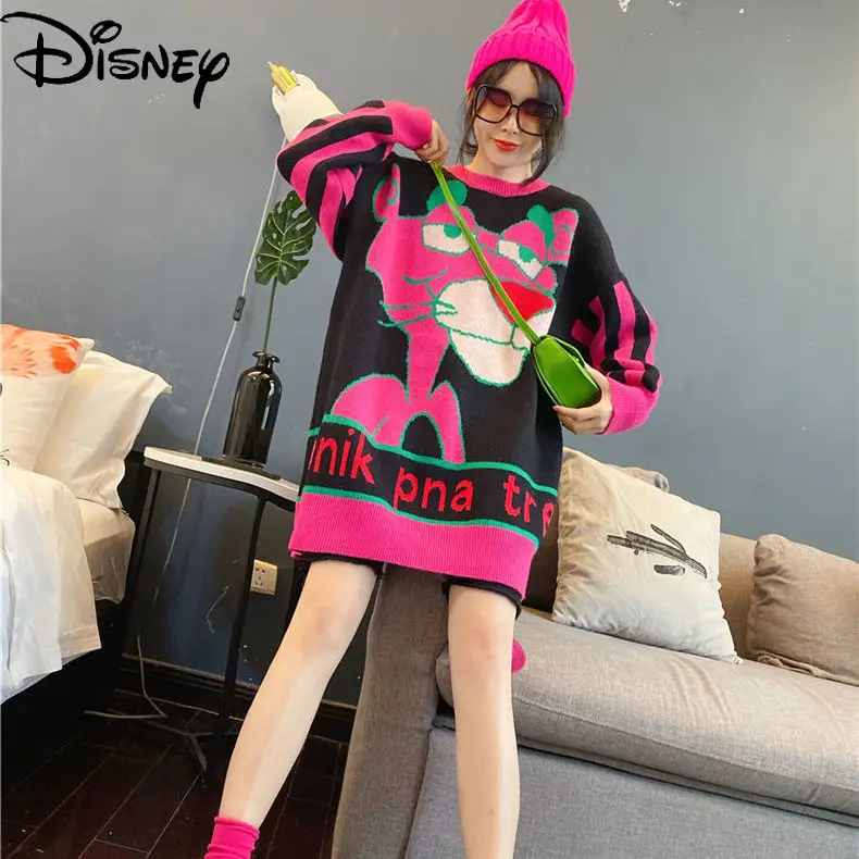 

Disney autumn/winter fashion women's new 2021 loose pullover mid-length fashion cartoon pink leopard sweater
