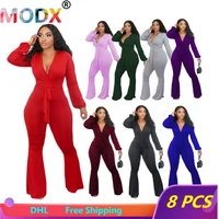 women sexy deep v neck jumpsuits flared rompers solid color long sleeve overalls skinny one piece pants wholesale bulk 6345