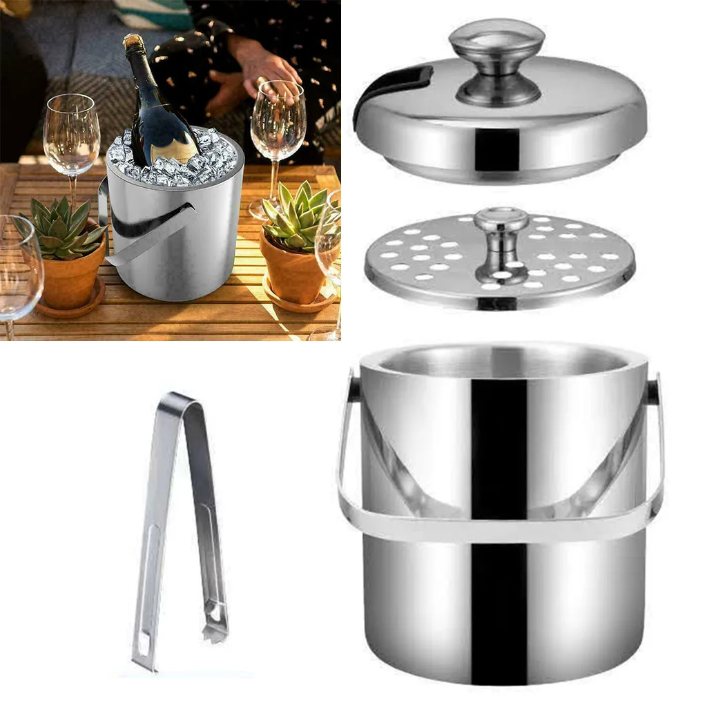

Restaurant Bucket Stainless Steel With Tongs Bar Barbecue Double Walled